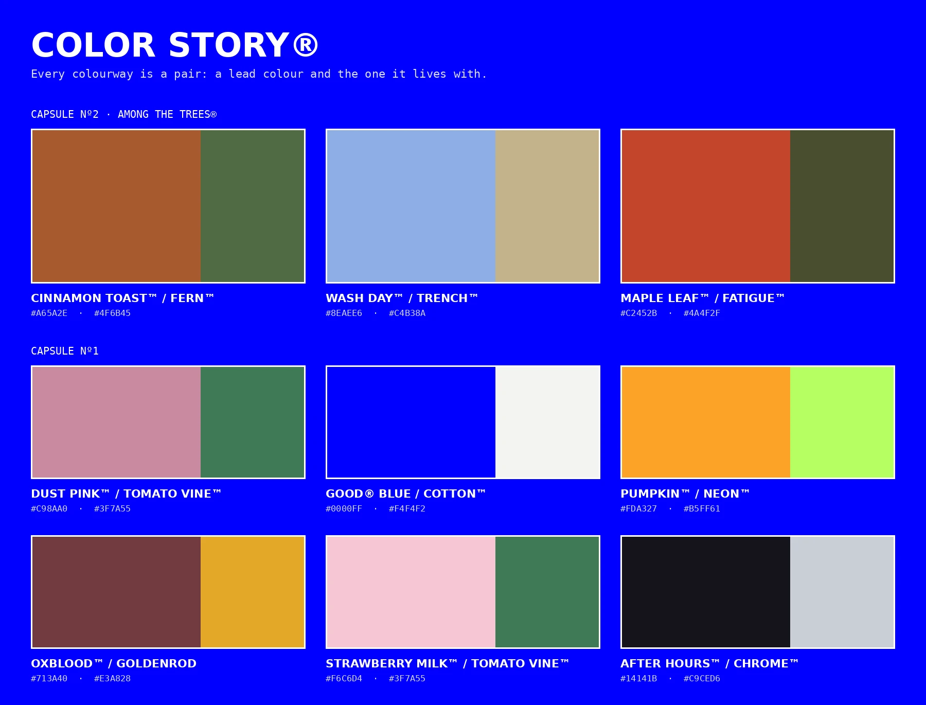 COLOR STORY®: the three AMONG THE TREES® pairs and six pairs from capsule one, with names and hex values.