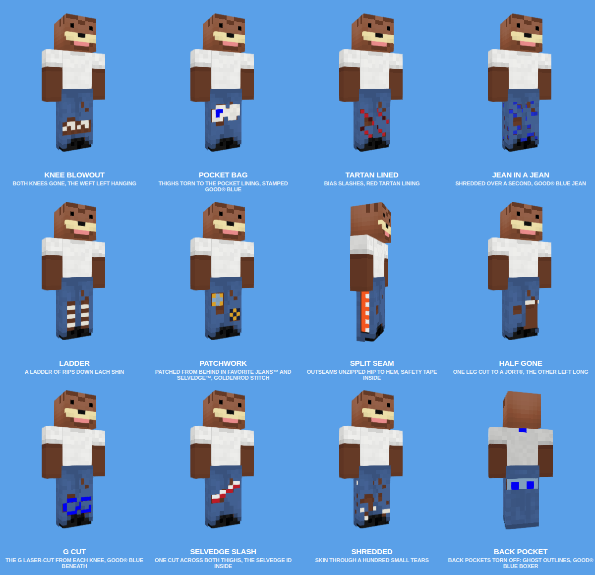 Twelve experimental jean rips rendered on a Minecraft player.